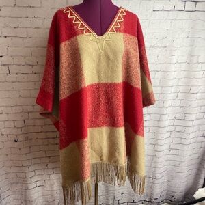 Adam Lippes size Large/XL red and tan buffalo check wool blend poncho